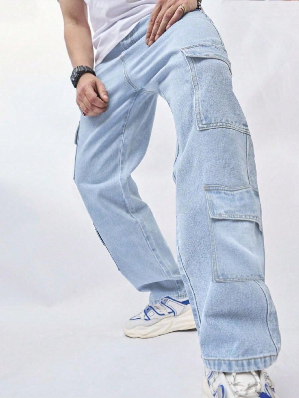 Light Wash Casual Men's Multi-Pocket Denim Jeans - Picture 5 of 7